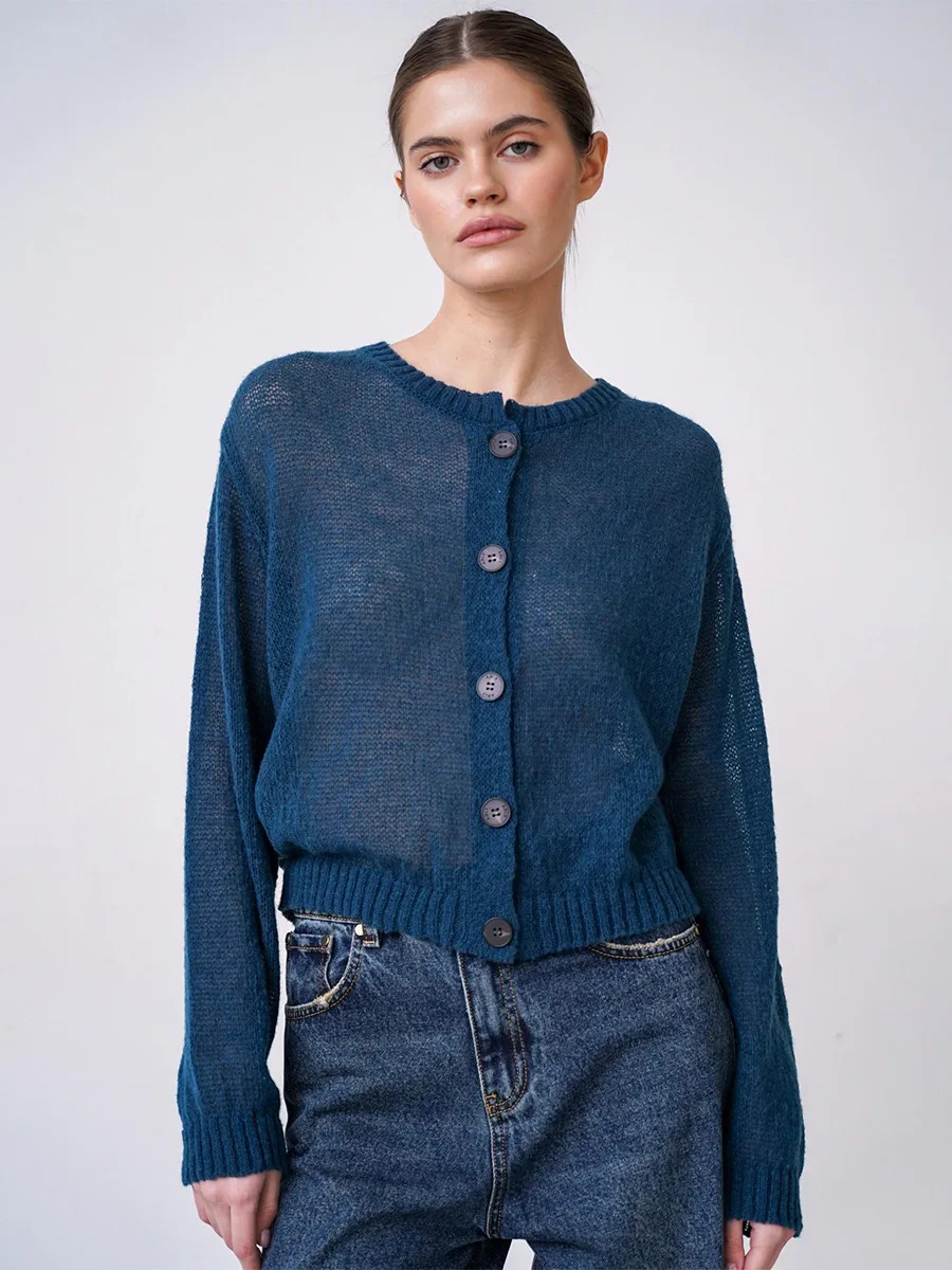 Bornladies Women's Solid Color Knit Cardigan Minimalist Design Button Front Short Style Casual Autumn Winter Sweaters