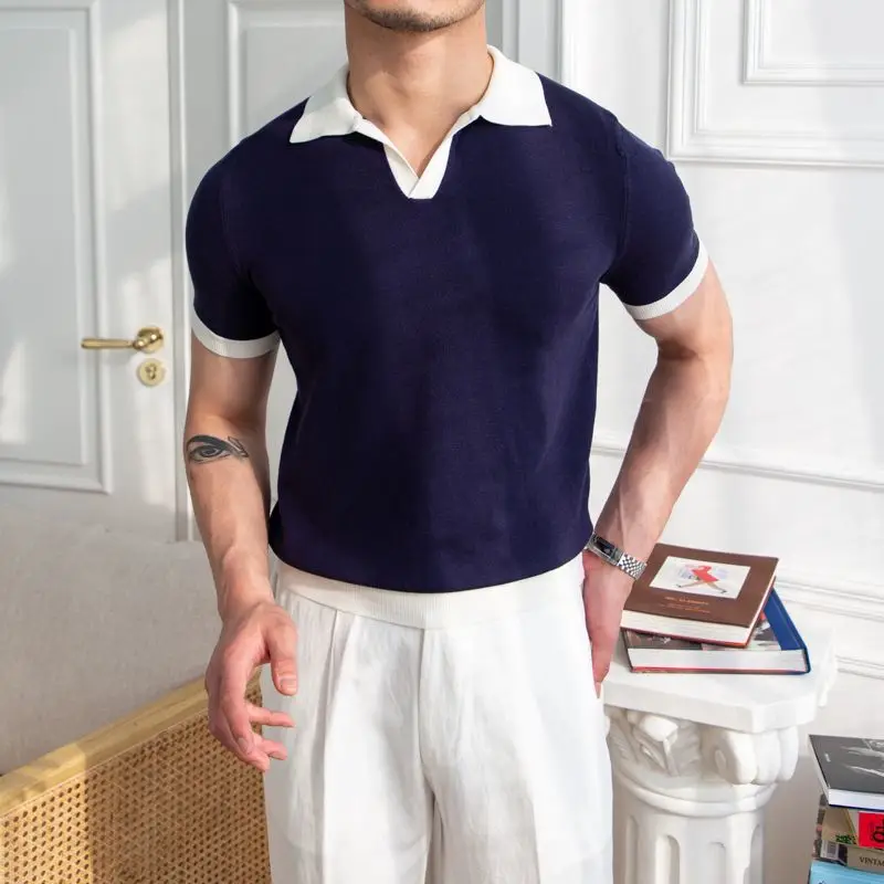 

Trendy brand casual breatable polo shirt trendy versatile short sleeved sweater lapel elastic contrasting vneck business t-shirt