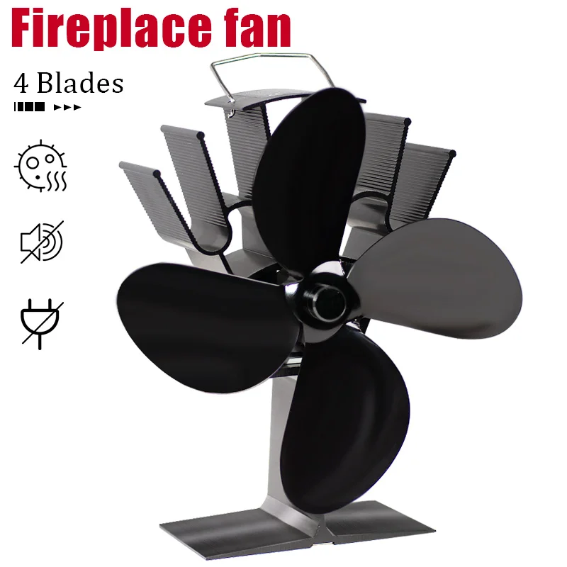 Black Fireplace Fan 4 Blade Heat Powered Stove Fan komin Log Wood Burner Eco Friendly Quiet Fan Home Efficient Heat Distribution