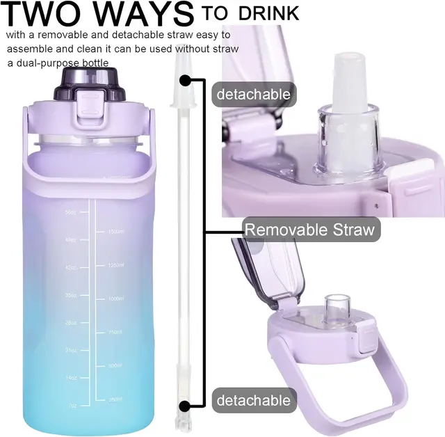 2 Liter Water Bottle Gym Water Bottle Gradient Color Sport Water Bottles with Time Marker Frosted Plastic Cup Bounce Lid Fitness 3