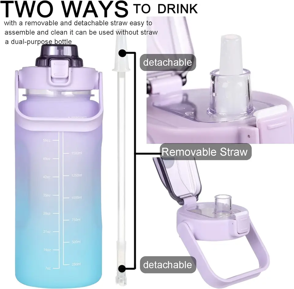 2000ml Sports Water Bottle With Straw & Time Marker - Leak Proof, Gradient Color, With Phone Holder Handle - View #13