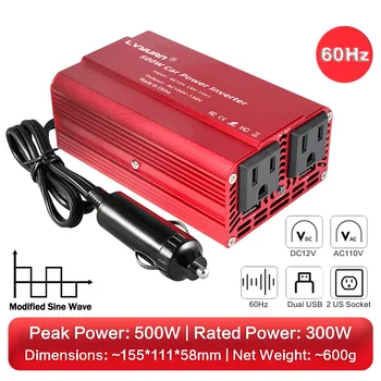 12V to 110V Power INVERTER 300 W/500 W แบบพกพารถแรงดันไฟฟ้า Transformer Converter 60Hz Dual USB 2 US ซ็อกเก็ต 60Hz สําหรับกลางแจ้ง RV 7