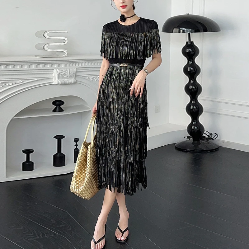 LANMREM Pleated Tassel Patchwork Deisn Summer Dress For Women 2025 New Round Collar Short Sleeve Slim Fit Dresses Chic 2DB2847