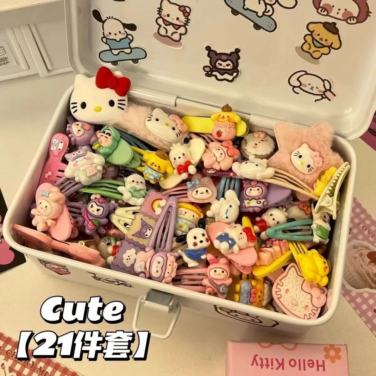 

21pcs Sanrio HelloKitty Hairpin Action Anime Figures Mymelody Kuromi Cinnamoroll Hairpin Cute Cartoon Hair Accessories Kids Gift