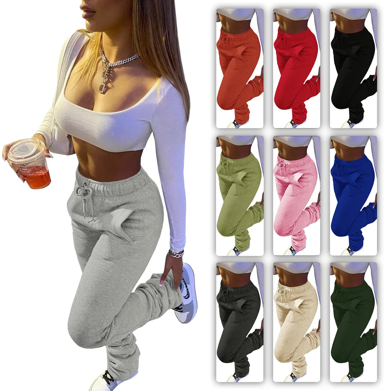 

Streetwear Cargo Women Fall Winter Plus Size Clothing High Waist Knit Pants Womens Stacked Joggers