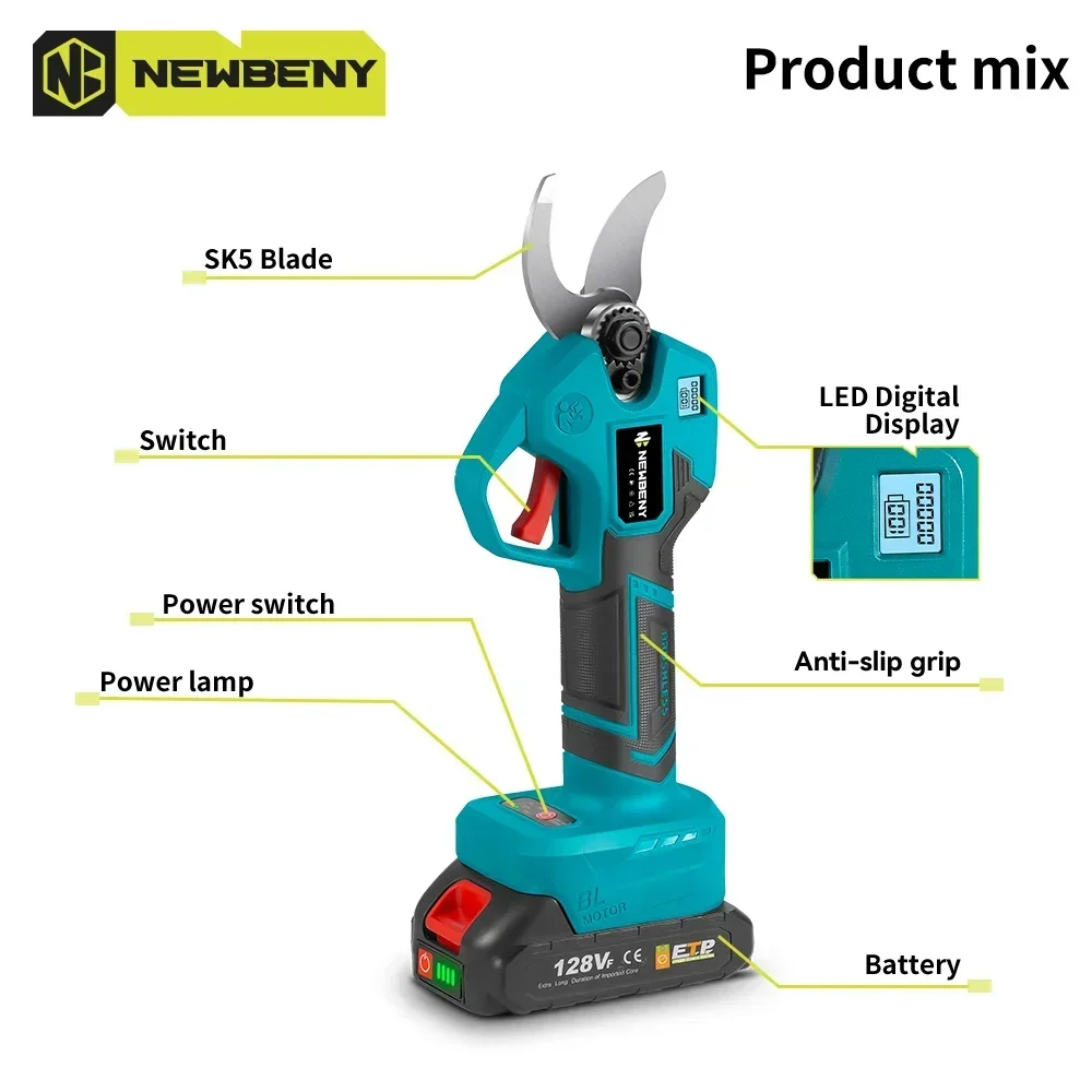 NEWBENY 30mm 4 Gear Brushless Electric Pruning Shears Rechargeable  Garden Fruit Tree Scissors Tool For Makita 18V Battery Pin — view 5