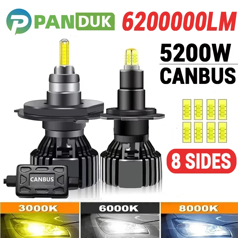 หลอดไฟหน้ารถยนต์ PANDUK H7 LED 6200000LM 5200W 360 องศา H4 H1 H3 8 ด้าน HB3 HB4 9012 Led H8 H9 H11 9005 9006 ไฟตัดหมอกอัตโนมัติ 6000K 1