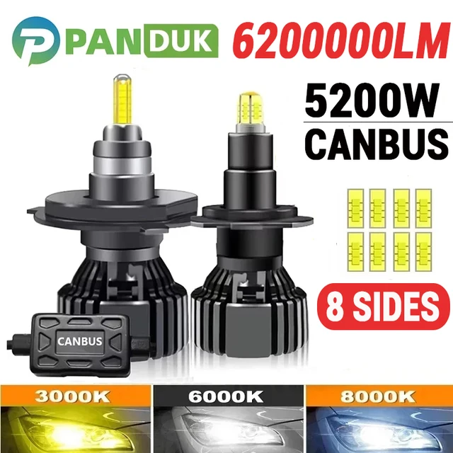 หลอดไฟหน้ารถยนต์ PANDUK H7 LED 6200000LM 5200W 360 องศา H4 H1 H3 8 ด้าน HB3 HB4 9012 Led H8 H9 H11 9005 9006 ไฟตัดหมอกอัตโนมัติ 6000K 1