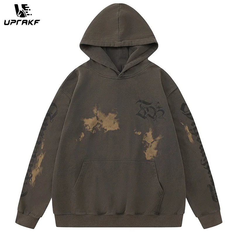 UPRAKF Retro Abstract Alphabet Graphic Hoodie Oversize Autumn Casual Front Pocket Long Sleeve Loose Streetwear Pullover