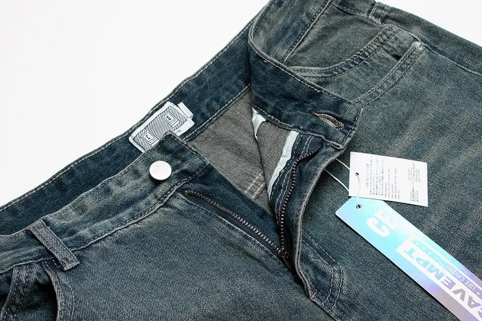 tecido pesado, jeans velho lavado, tamanho UE,