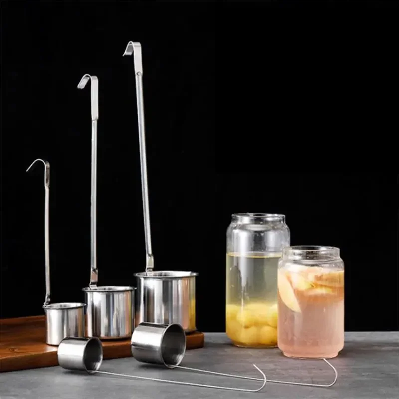 Cutlery Set Kitchenware Accessories Wooden Serving Spoon Ladle Stainless Steel Long Wine Pouring Spoon Hang Sauce Ladle Handle Hook 50/125/250/500ml Measuring Cup Kitchen Bar Tools