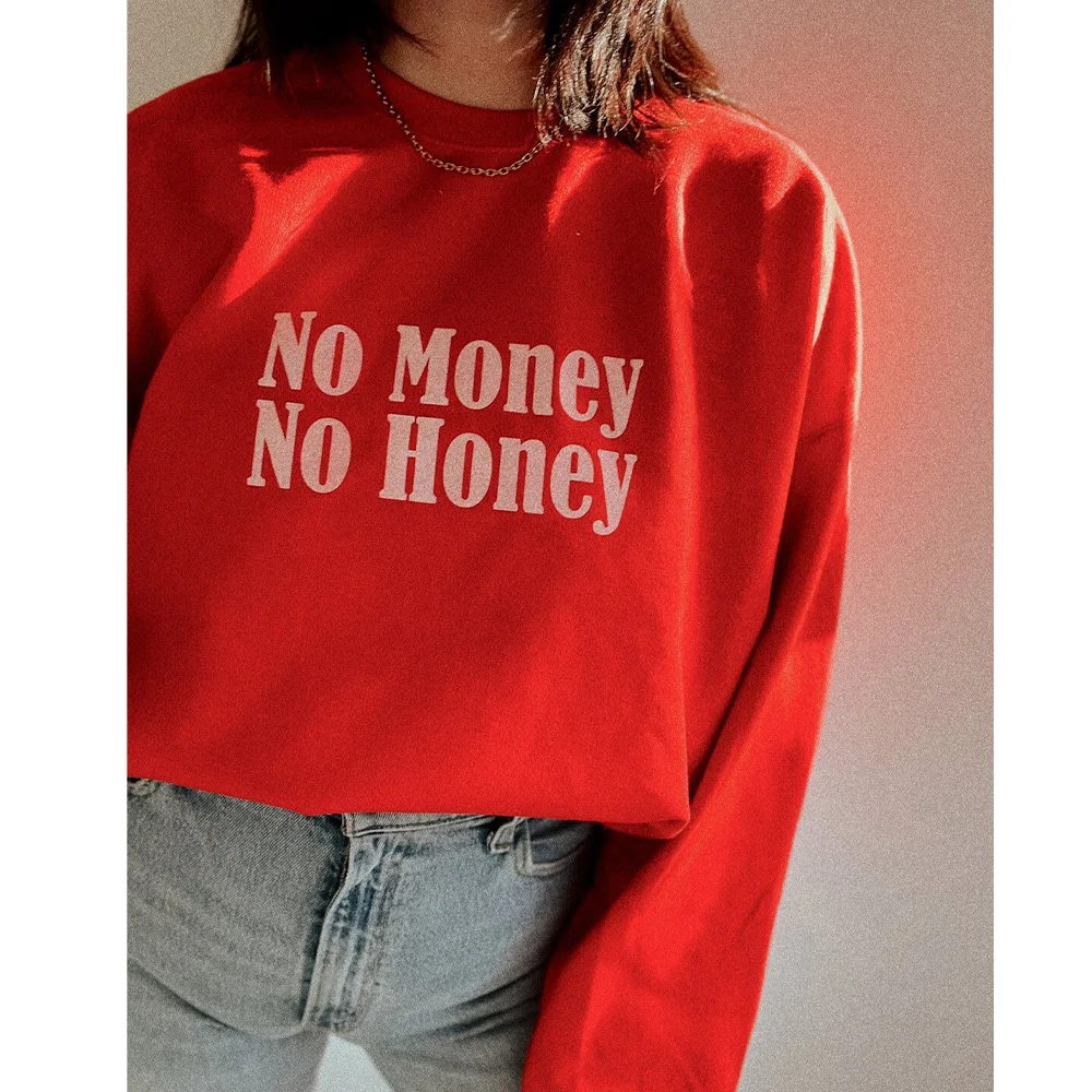 

Толстовка с принтом надписей No Money No Honey, свободный хлопковый свитшот с длинным рукавом, утепленный флисовый пуловер красного цвета