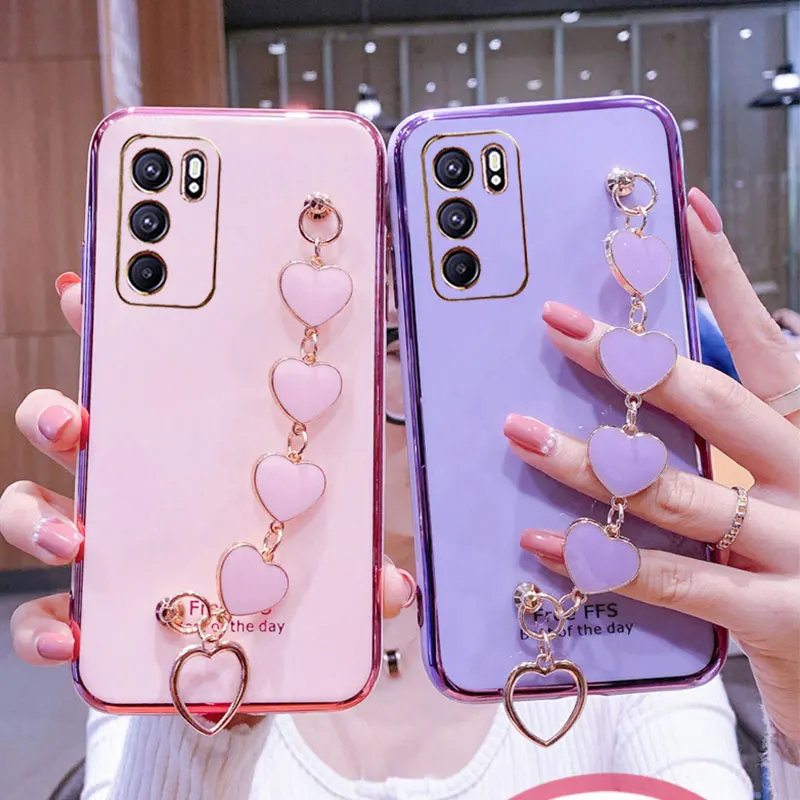 Custodia Per Telefono Con Bracciale Da Polso Per Oppo A54S A54 4G 5G Custodia Con Placcatura A Catena A Cuore Di Lusso Per Custodia Oppo A54S A 54S A5