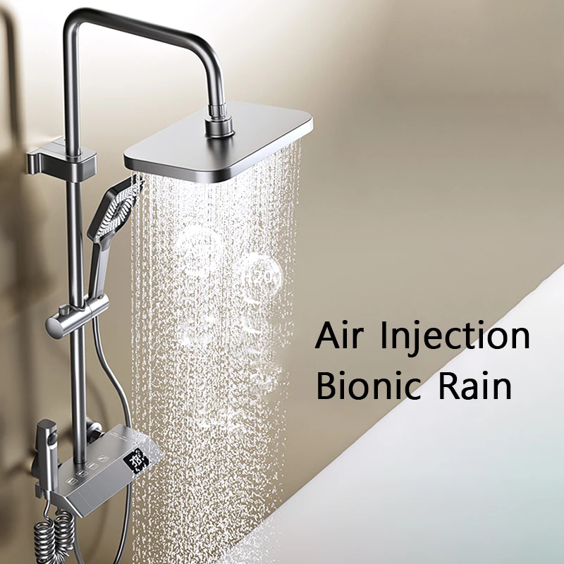 Piano Keys Shower System Set Bathroom Shower Set Gray Black Bathtub Hot and Cold Shower Faucet LED Digital Copper Tap Shower Set 4