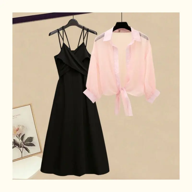 

Women's Clothes Summer Age Reduction Single/Outfits 2023 New Fashion Sunscreen Clothing Small Black Strap Dress Two Piece Set