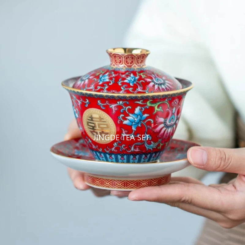 Chinese Retro Style, Chinese Red Wedding Tea Set, Enamel Ceramic, Xi Printed, Bringing Joy and Auspiciousness Gaiwan Tea Set