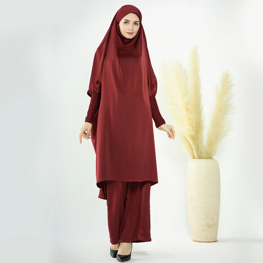 Satin Jilbab 2 Piece Set Muslim Woman Prayer Outfit Abaya Long Khimar with Pants Suit Sets Turkey Dubai Ramadan Islamic Clothing