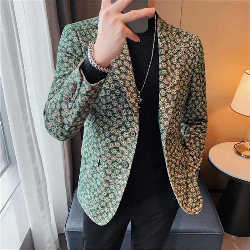 Autumn Winter Corduroy Flower Blazers Men Slim Fit Casual Suit Jacket Casual Suit Jacket Wedding Business Dress Coat Streetwear