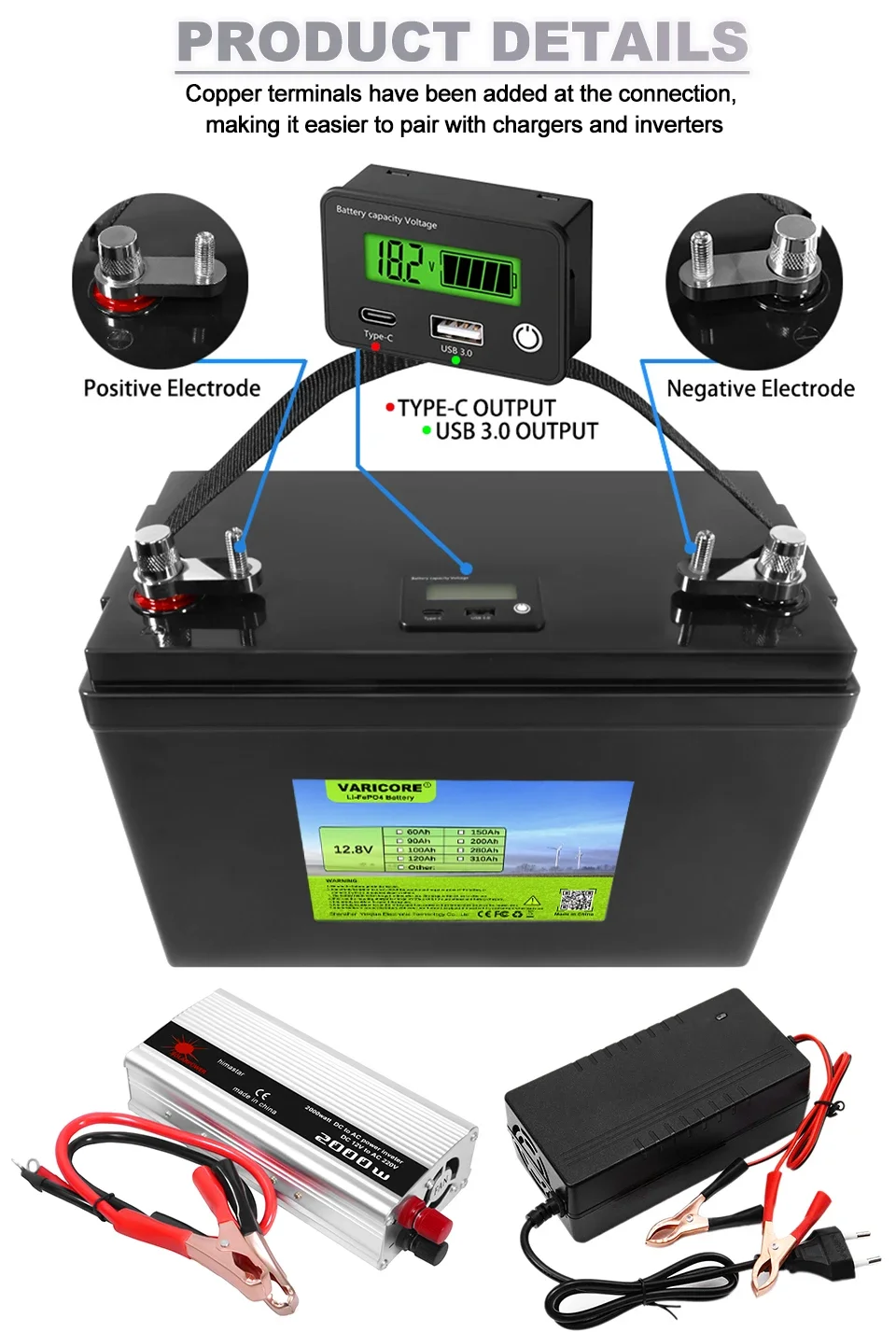 12V/12.8v 120ah 180ah LiFePO4 Battery Outdoors Touring Car Multifunctional USB T