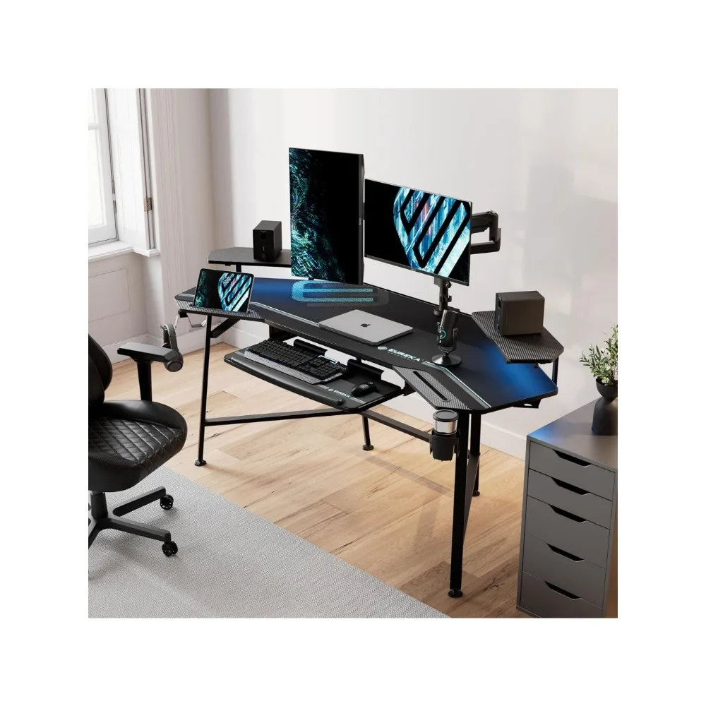 Gaming Desk with Led Lights,72" Large Wing-Shaped Studio Desk W Keyboard Tray, Computer Desk Table W Monitor Stand 4