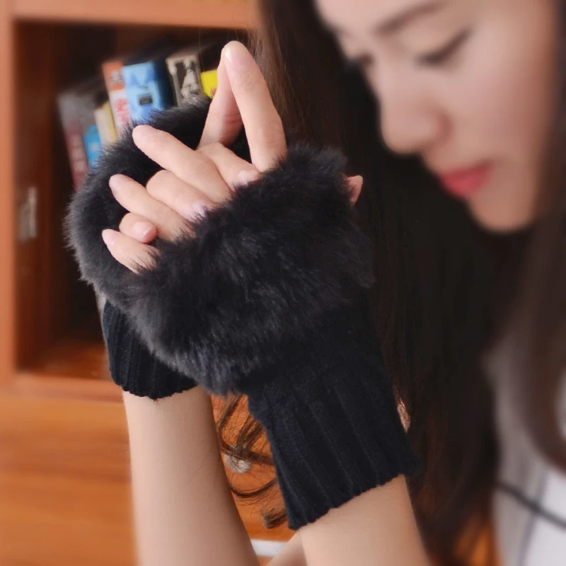Y2k Style Women's Winter Gloves Faux Fur Knitting Hand Warmer Women Half Finger Gloves Wrist Mittens Writting Arm Wrist Gants