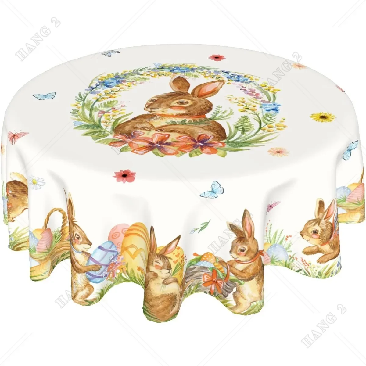 부활절 토끼 라운드 식탁보, 용수철 여름 꽃무늬 토끼 폴리에스터 테이블 천 커버, 휴일 주방 파티용, 60 인치  Best Top5
