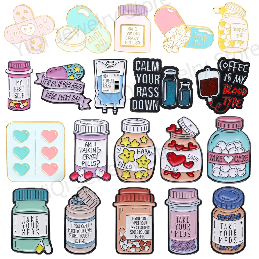 Creative Medical Bottle Enamel Brooch Medical History Band-Aid Tablets Capsule Metal Badge Punk Saltwater Bag Lapel Pin Jewelry