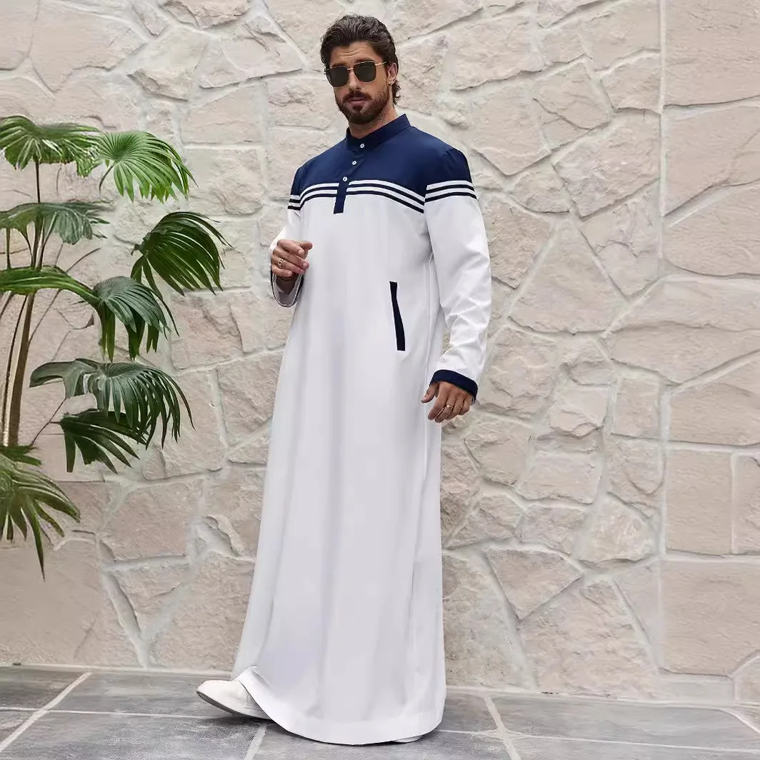 

Islam Ramadan Color Blocked Men's Traditional Muslim Thobe, Ramadan Style Islamic Long Gown Shirt Robe, Middle Eastern Fashion