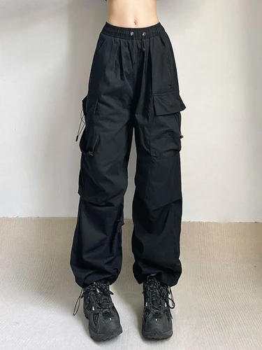HOUZHOU Harajuku 여성용 오버사이즈 카고 낙하산 바지, 빈티지 Y2k 힙합 와이드 레그 조거, 헐렁한 스웨트 팬츠, 테크웨어 5