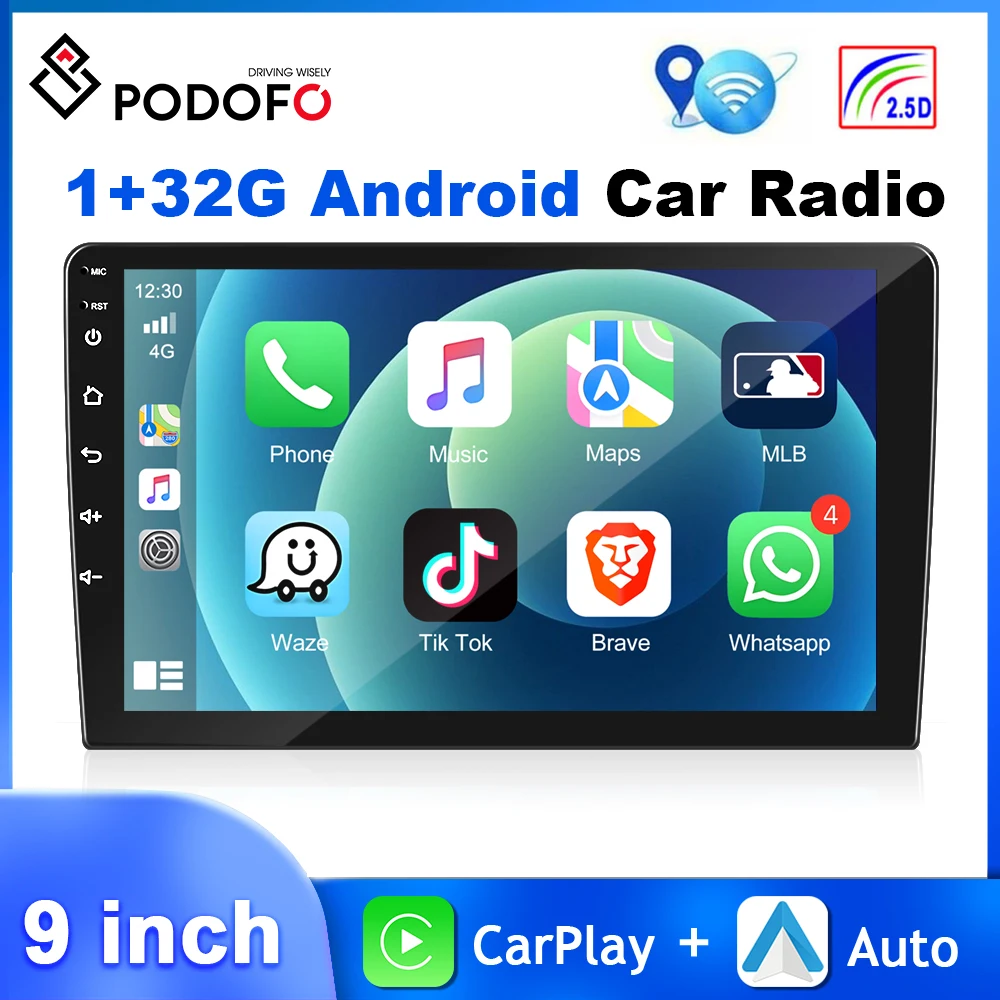 

Podofo 1+32G 9'' Car Audio Carplay Android Auto Multimedia Player GPS Navigation WIFI Bluetooth Mirror Link FM Radio Receiver