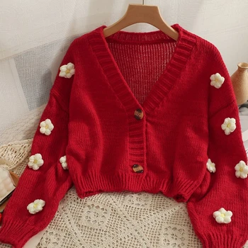 2025 New Autumn Winter Colourful Applique Flower Cardigan For Women Girl Cute Soft Knitwear Long V-neck Knit Crop Sweater