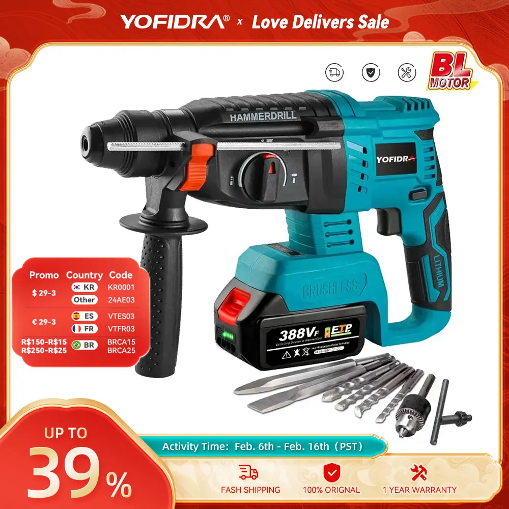 Yofidra 26Mm Trapano A Percussione Elettrico Senza Spazzole Utensili Elettrici Ricaricabili Senza Fili Rotanti Multifunzionali Per Batteria Makita 18V