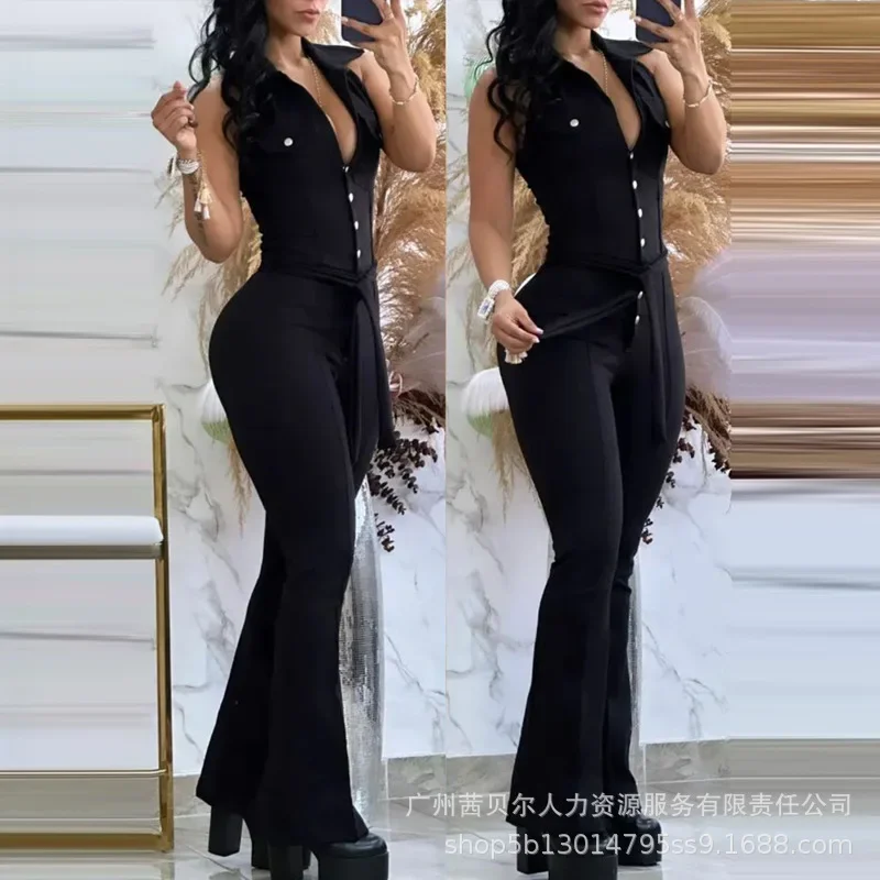 

Flared Jumpsuit Women Jumpsuits Sexy Vest Sleeveless V Neck Rompers High Waist Trousers Lace Up Overalls Autumn Playsuits