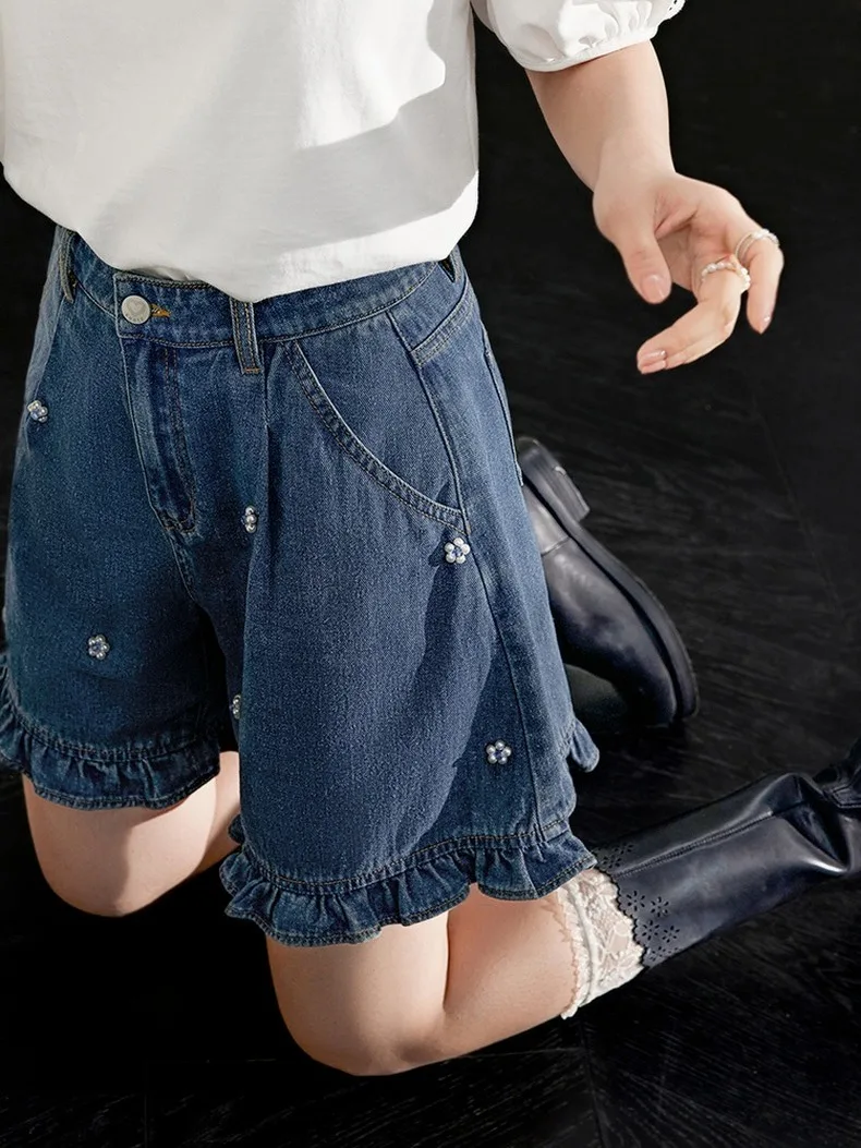 Denim Shorts Ruffles Stereoscopic Flower Women Basic Wide Leg Solid Summer Thin Loose Soft Vintage Shorts Korean