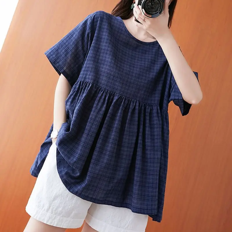 Fashion O-Neck Loose Folds Short Sleeve Plaid Blouses Women's Clothing 2024 Summer New Loose Casual Tops Commuter Shirts