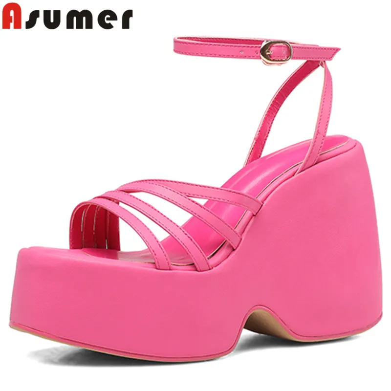 

ASUMER 2023 New Size 35-42 Microfiber Sandals Wedges High Heels Platform Sandals Woman Popular Buckle Casual Shoes