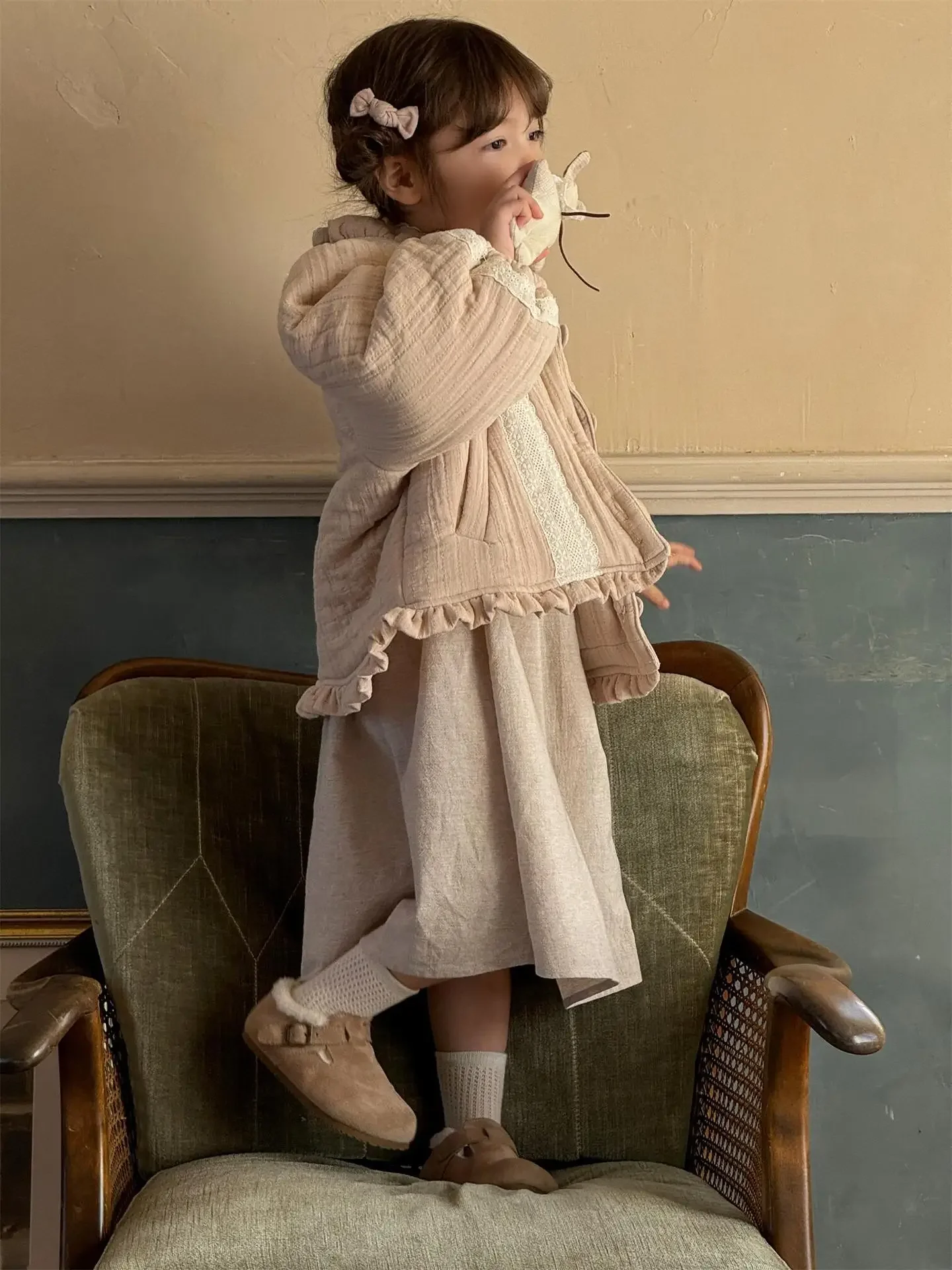 Children Clothes Korean Style Girls Coat Winter New Solid Color Lace Cute Cotton-padded Jacket Fashionable Warm Kids Jacket