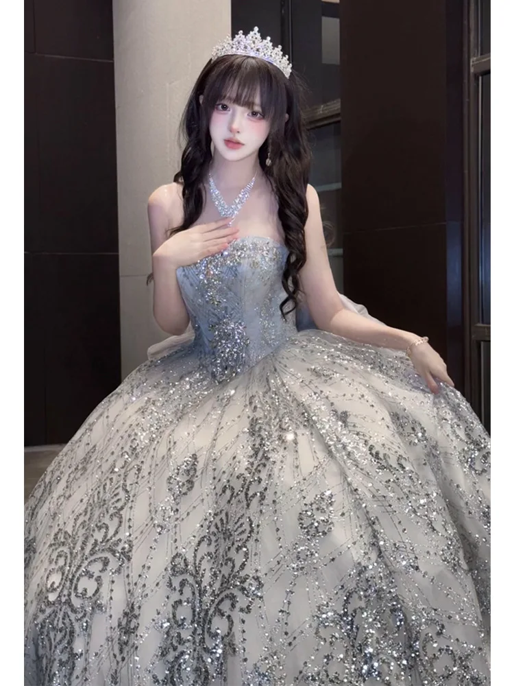 Sweet Girl High-Waist Sleeveless Long Ball Evening Dress High Sense Birthday Bright Host Party Tube Top Princess Maxi Dresses