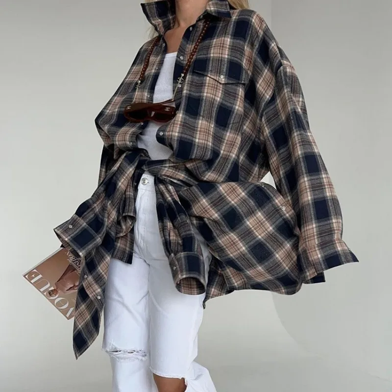 Blusa retro informal para mujer, moda Otoño Invierno 2025, camisas largas holgadas, cárdigan básico a cuadros para mujer, ropa de calle para mujer