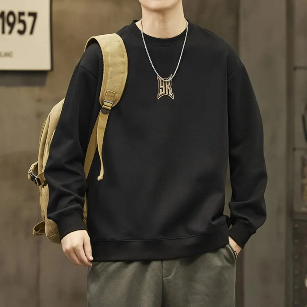 

Soft Polyester Fabric Sweatshirt Men's Crew Neck Sweatshirt with Long Sleeve Solid Color Pullover Embroidery Detail for Fall