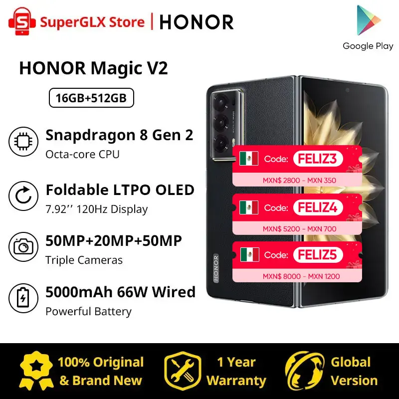 Global Version Honor Magic V2 5G Foldable LTPO OLED 120Hz Display 7.92" 50MP Rear Cameras Snapdragon 8+ Gen 2 5000mAh 66W NFC