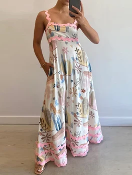 Women's Long Cami Dress Floral Leopard Print Sleeveless Square Neck Backless A-Line Ric Rac Dress 4