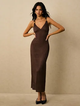 Women's Elegant Long Dress with Metal Decoration Waist-Cinching Bodycon Design 1