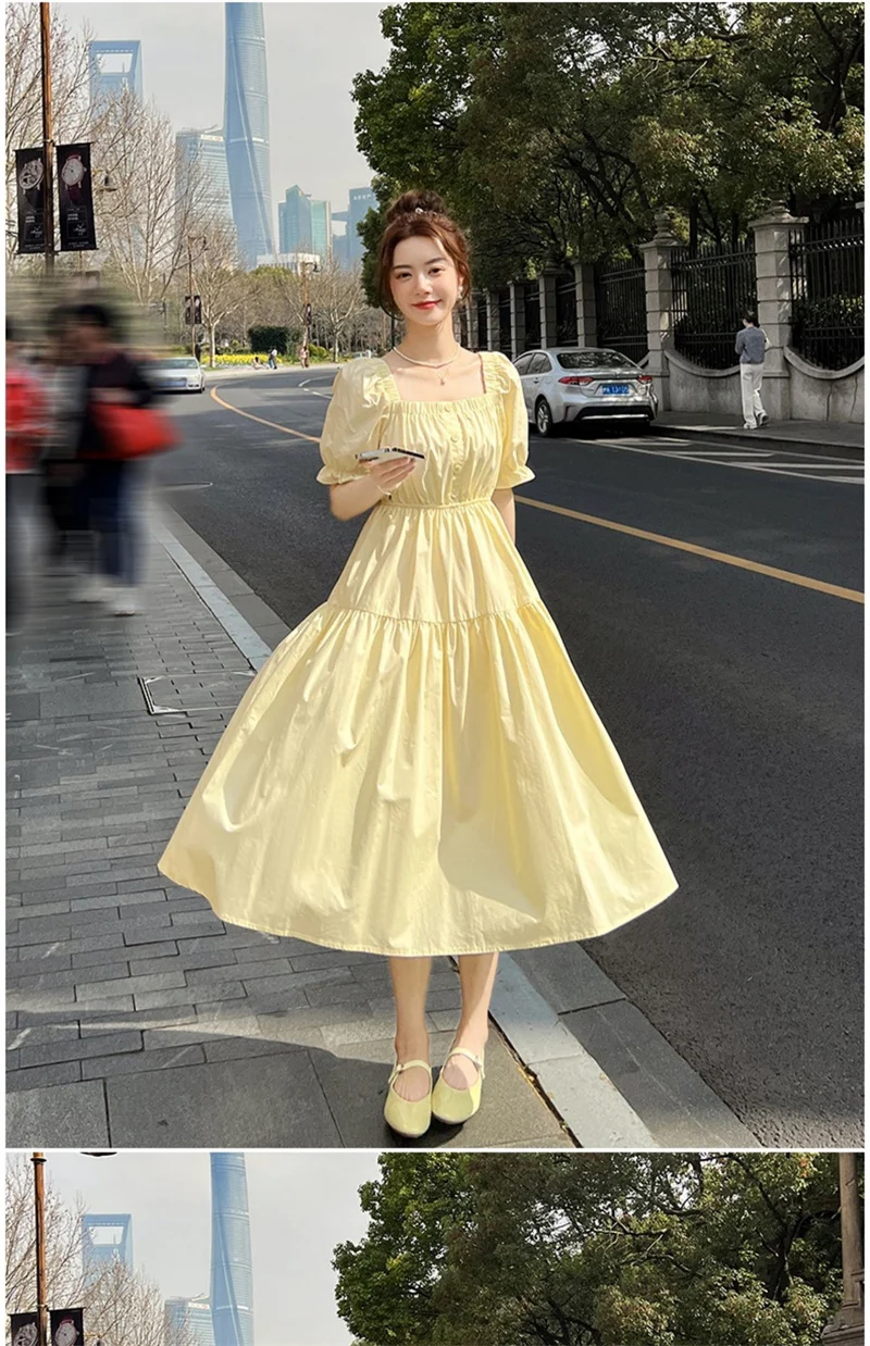 

Cream Yellow Bubble Sleeved Dress For Women's Summer French Style Square Neckline With A Waistband That Exudes A Slimming Look