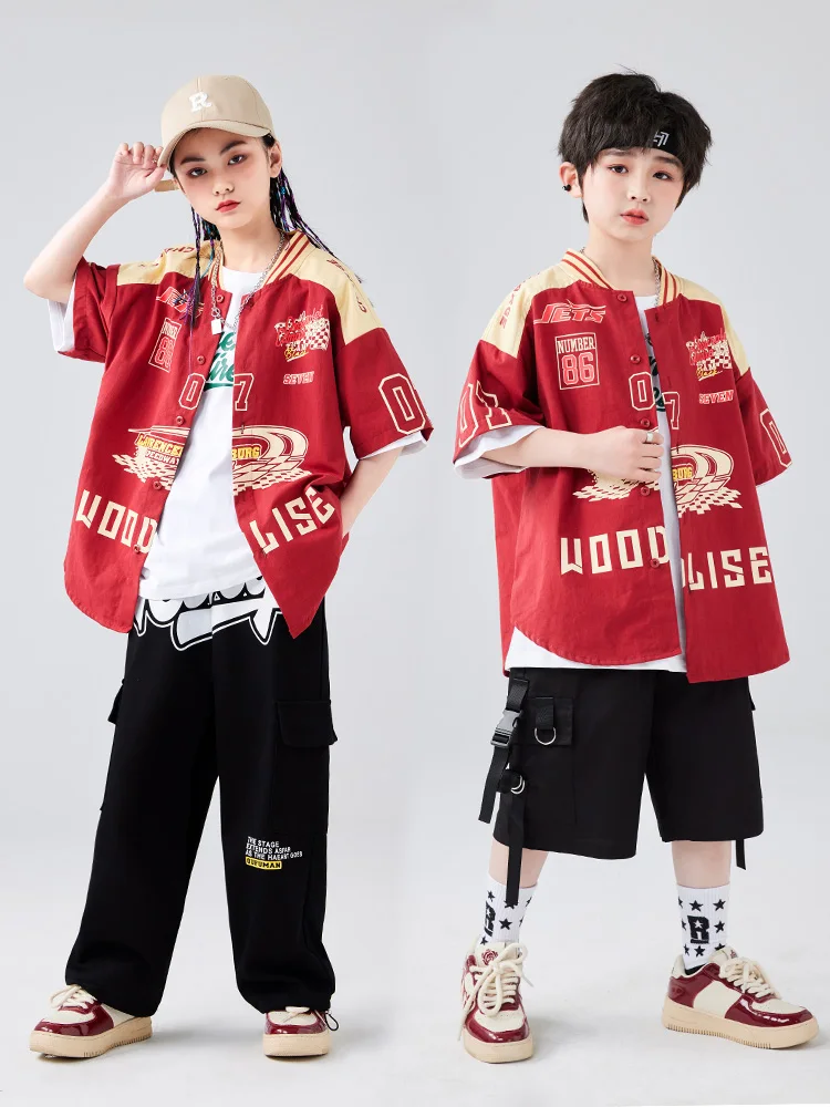 

2023 Boys Hip Hop Dance Clothes Girls Modern Dance Performance Costume Youth Hip Hop Suit Loose Coat Pants Short Sleeves BL10720