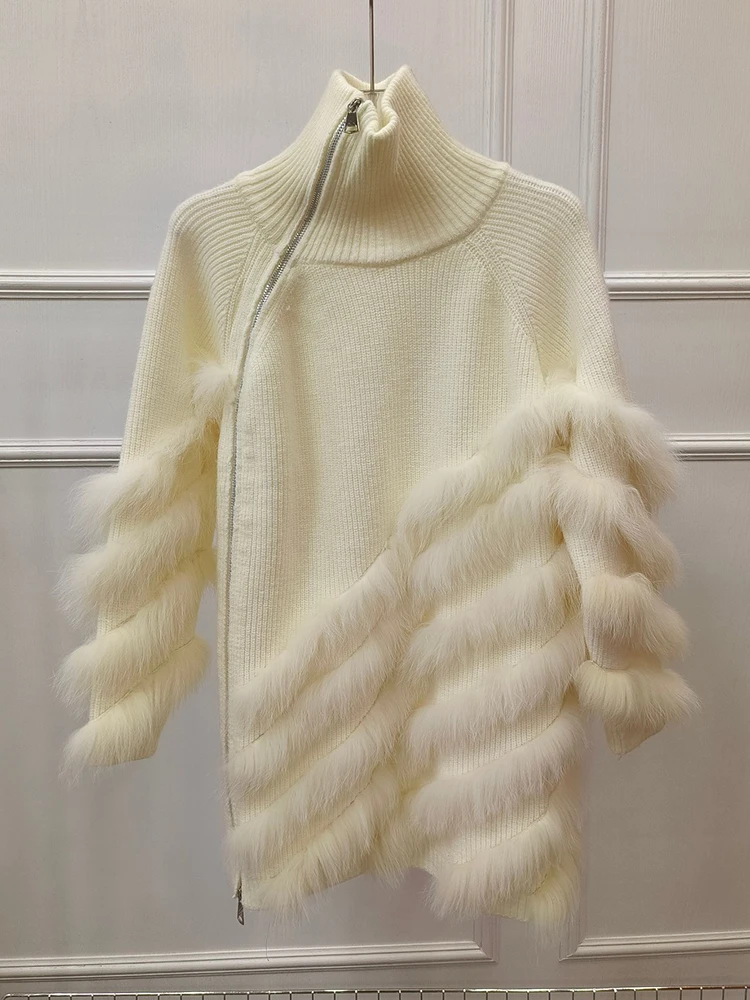 

Women Real Fox Fur Strip Knitted Sweater Real Fur Trim Loose Autumn Spring Zipper Stand Collar Choker Knitwear