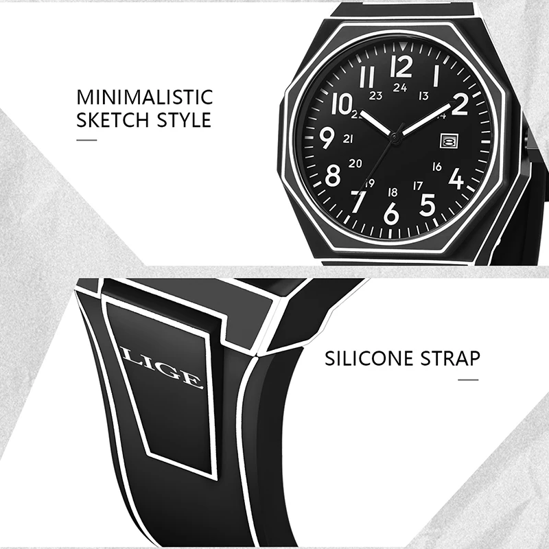 LIGE Fashion Creative Watches For Men Casual Sports Men Quartz Wristwatch Silicone Waterproof Date Chronograph Relogio Masculino