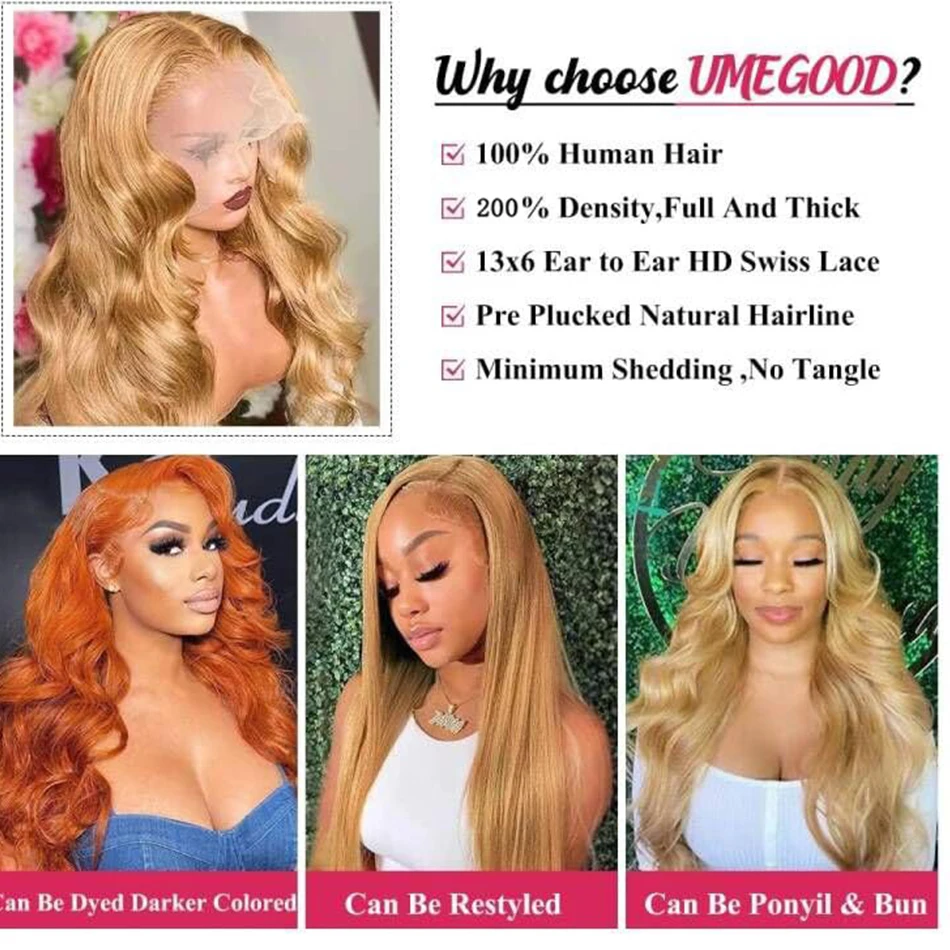 #27 Honey Blonde Lace Front Wigs Human Hair 30 32 34 Inch Body Wave 13x6 HD Lace Frontal Wig 180 Density Colored Human Hair Wigs