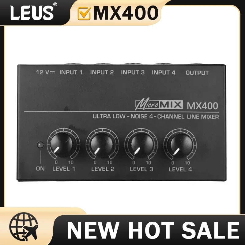 Audio Mixer LEUS MX400 4 Canales with Power Adapter Mono Low Noise
