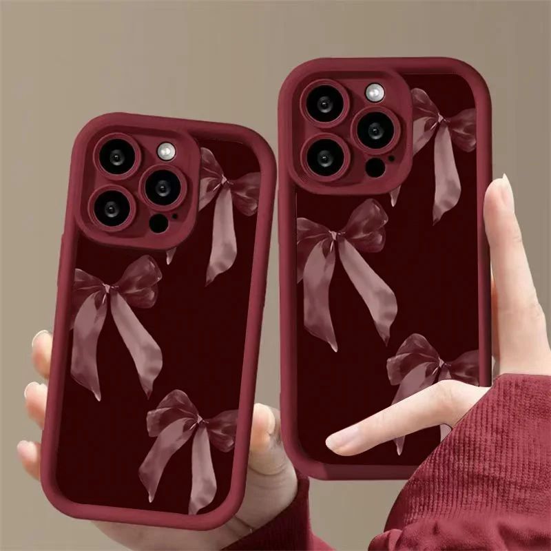 Stylish Retro Burgundy Bow-Patterned Phone Case Cover